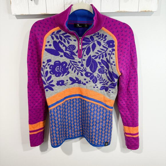 Neve Merino Wool Blend Floral Geometric 1/4 Zip Sweater Size S - Picture 1 of 5